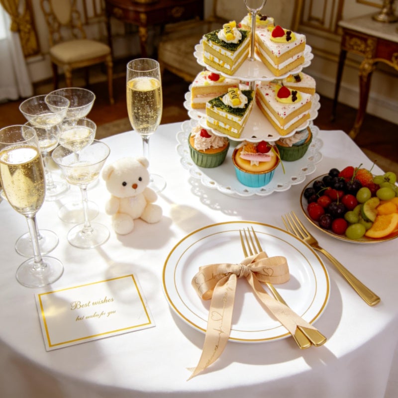 I00000 144 Small Plastic Dessert Plates Set Include 72 Pcs Gold Dessert Plates 7.5" with 72 Pcs Forks 7.5",Disposable Cake Plate,Fancy White Gold Plastic Small Plates for Party - Image 5