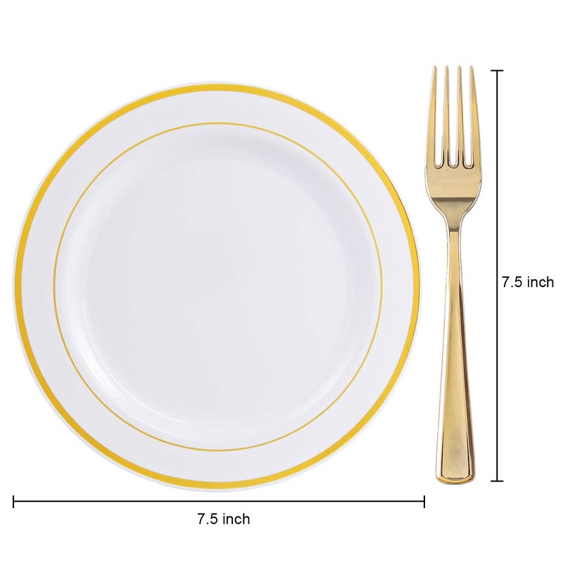 I00000 144 Small Plastic Dessert Plates Set Include 72 Pcs Gold Dessert Plates 7.5" with 72 Pcs Forks 7.5",Disposable Cake Plate,Fancy White Gold Plastic Small Plates for Party - Image 4