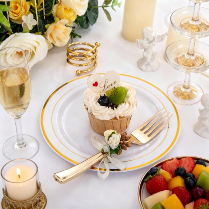 I00000 144 Small Plastic Dessert Plates Set Include 72 Pcs Gold Dessert Plates 7.5" with 72 Pcs Forks 7.5",Disposable Cake Plate,Fancy White Gold Plastic Small Plates for Party - Image 2