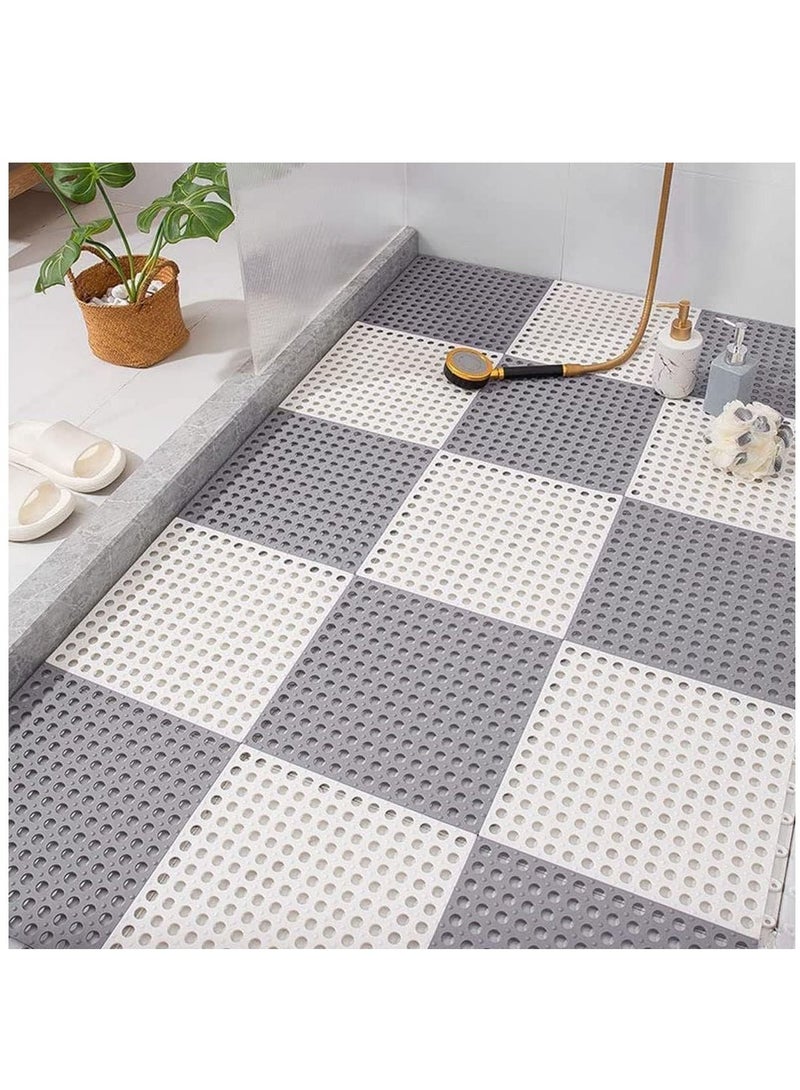 Non Slip Drainage Floor Tiles,12 Pack Interlocking Bath Floor Mat, 30x30cm Shower Mat with Drainage Holes for Bathroom, Kitchen, Pool (White and Grey) - Image 1