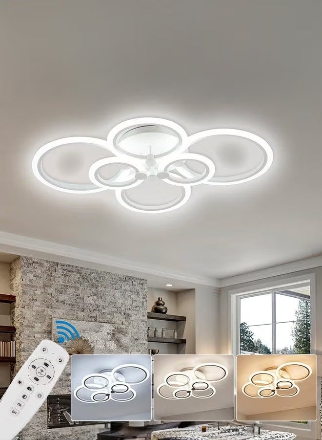 Modern Ceiling Lights Dimmable LED Ceiling Lamps 80cm Flush Mount LED Chandelier Lighting Fixture White 6 Rings Light for Living Kitchen Dining Room, Bedroom with Remote