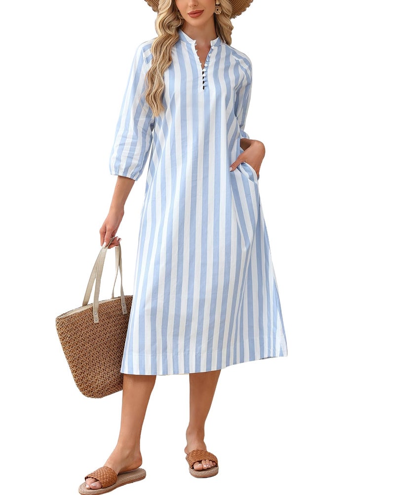 YEXPINE Women Summer Striped Button Down Long Maxi Dress Loose Fit 3/4 Sleeve Cotton Caftan Shirt Dress with Pocket(Blue-XS) - Image 1