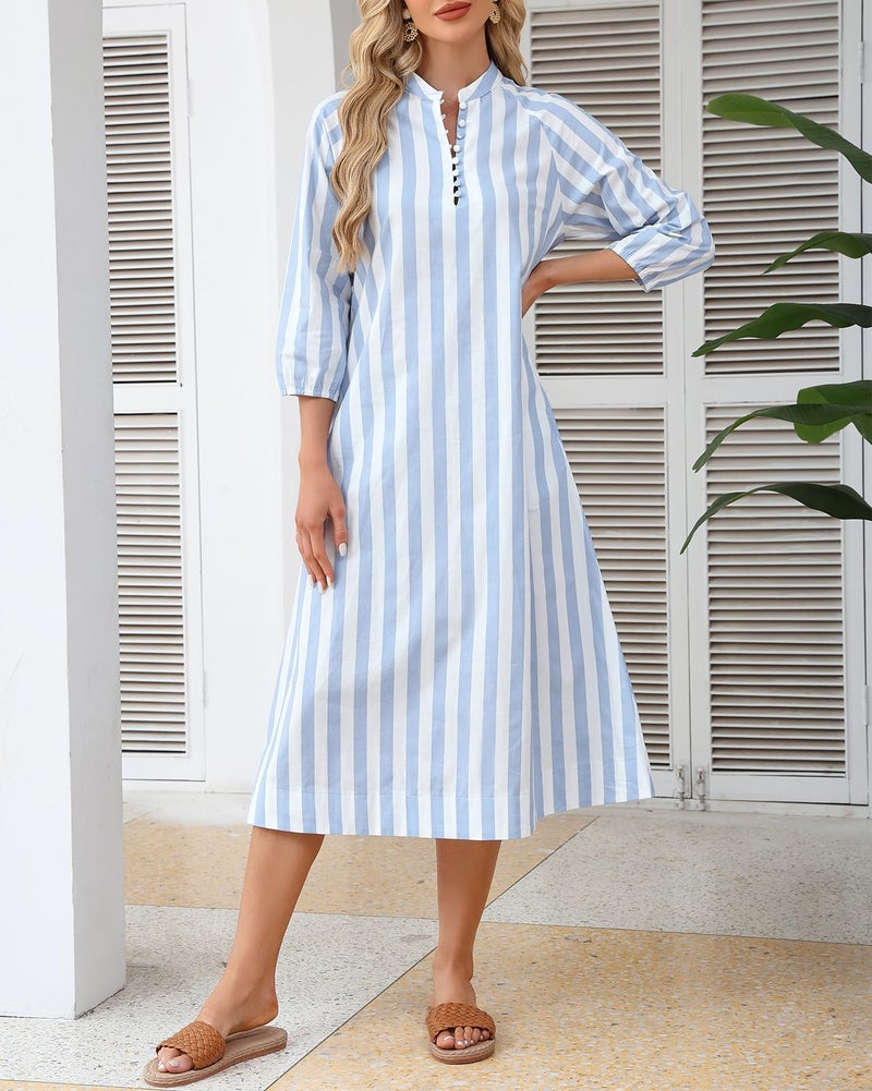 YEXPINE Women Summer Striped Button Down Long Maxi Dress Loose Fit 3/4 Sleeve Cotton Caftan Shirt Dress with Pocket(Blue-XS) - Image 4