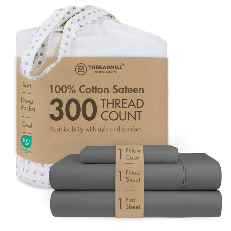 Threadmill Cotton Twin Sheet Set | 100% Cotton Sheets for Twin Size Bed | Solid Sateen Twin Bed Sheets Set with 16â€ Deep Pocket | Soft Breathable 3-Piece Cooling Sheet Set | Dark Grey - Image 1
