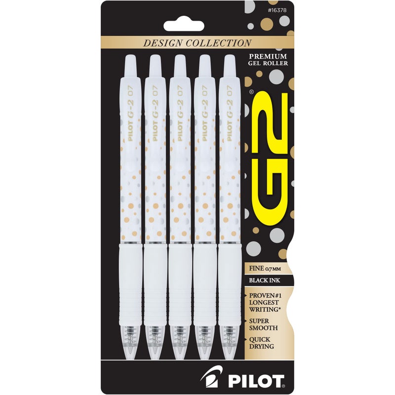 Pilot, G2 Premium Gel Roller Pens, Fine Point 0.7 mm, Dot-Patterned Barrels, Pack of 5, Black - Image 1