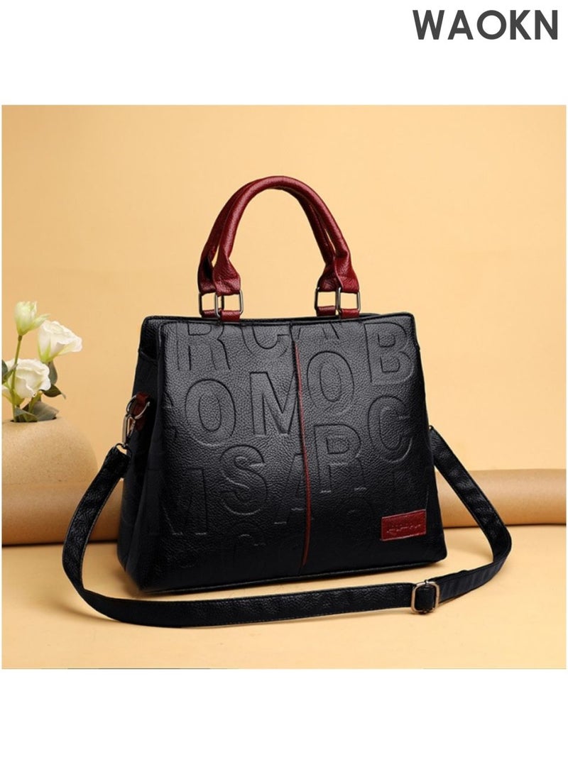 WAOKN Ladies' large capacity handbag, elegant handbag, simple and atmospheric design, contrasting color shoulder bag, ladies' work bag, top handle handbag, high-end leather texture embossed crossbody bag, handbag. - Image 1