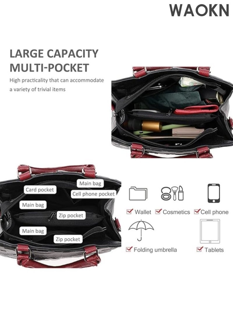 WAOKN Ladies' large capacity handbag, elegant handbag, simple and atmospheric design, contrasting color shoulder bag, ladies' work bag, top handle handbag, high-end leather texture embossed crossbody bag, handbag. - Image 2