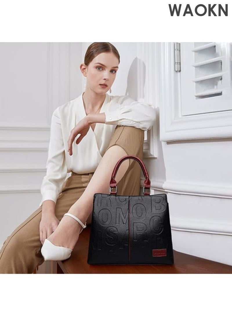 WAOKN Ladies' large capacity handbag, elegant handbag, simple and atmospheric design, contrasting color shoulder bag, ladies' work bag, top handle handbag, high-end leather texture embossed crossbody bag, handbag. - Image 4