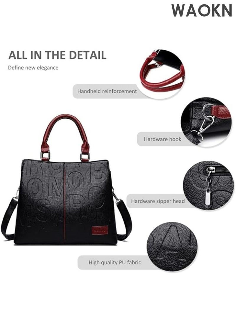 WAOKN Ladies' large capacity handbag, elegant handbag, simple and atmospheric design, contrasting color shoulder bag, ladies' work bag, top handle handbag, high-end leather texture embossed crossbody bag, handbag. - Image 3