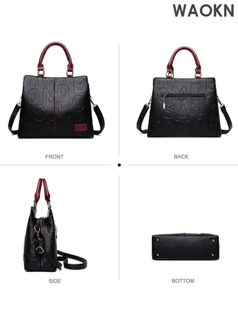 WAOKN Ladies' large capacity handbag, elegant handbag, simple and atmospheric design, contrasting color shoulder bag, ladies' work bag, top handle handbag, high-end leather texture embossed crossbody bag, handbag. - Image 5