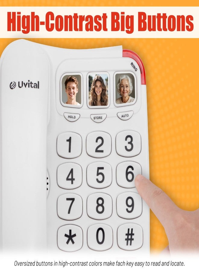 Uvital هاتف يوفايتال بزر كبير لكبار السن - هاتف أساسي بسيط لكبار السن، هاتف أرضي أبيض، هاتف منزلي لكبار السن - جرس معزز | مكبر صوت عالي | زر صورة للاتصال بضغطة واحدة - Image 2