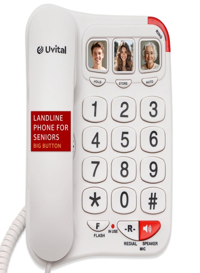 Uvital هاتف يوفايتال بزر كبير لكبار السن - هاتف أساسي بسيط لكبار السن، هاتف أرضي أبيض، هاتف منزلي لكبار السن - جرس معزز | مكبر صوت عالي | زر صورة للاتصال بضغطة واحدة - Image 1