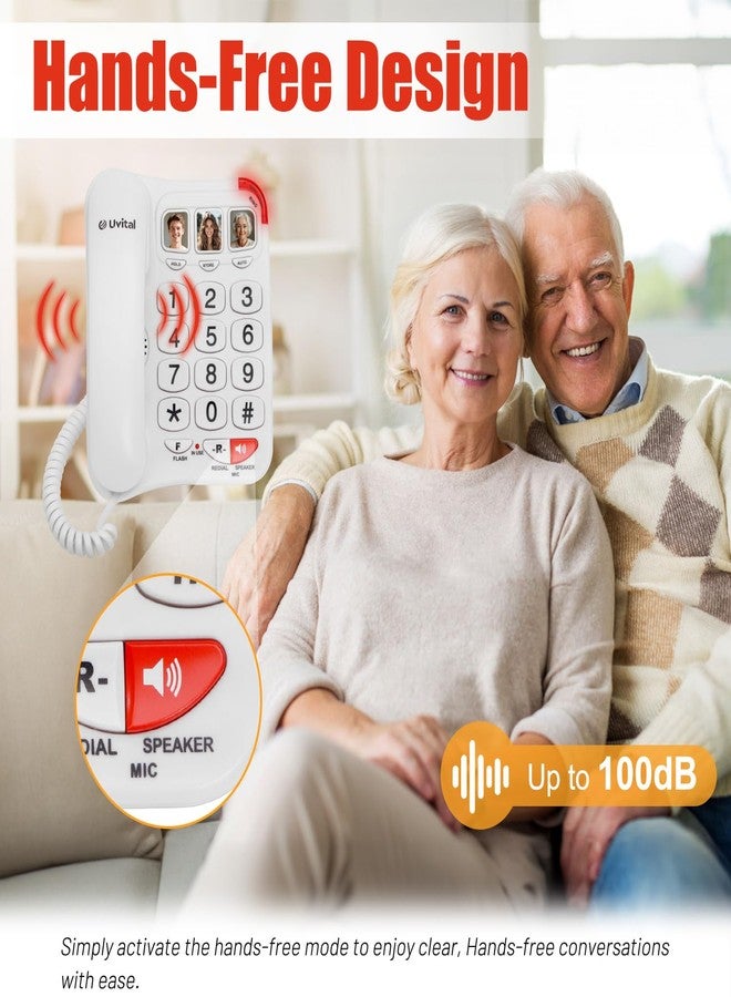 Uvital هاتف يوفايتال بزر كبير لكبار السن - هاتف أساسي بسيط لكبار السن، هاتف أرضي أبيض، هاتف منزلي لكبار السن - جرس معزز | مكبر صوت عالي | زر صورة للاتصال بضغطة واحدة - Image 5