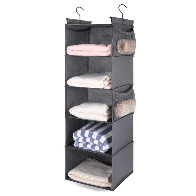5 SHELF HANGING CLOSET ORGANIZER SPACE SAVER CLOTH HANGING SHELVES WITH 4 SIDE POCKETS FOLDABLE GREY