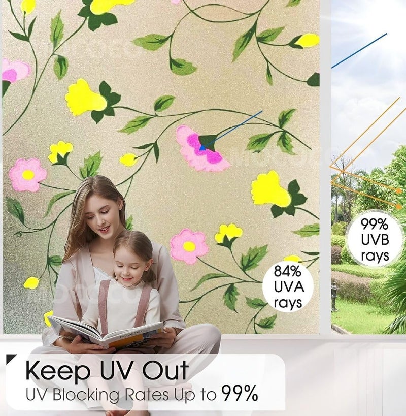MOCOCO Premium Privacy Window Film Vinyl Frosted Self Adhesive Glass Film Decorative Window Stickers for Home Office Bathroom Kitchen Living Room - Spanish Floral Design - Image 3