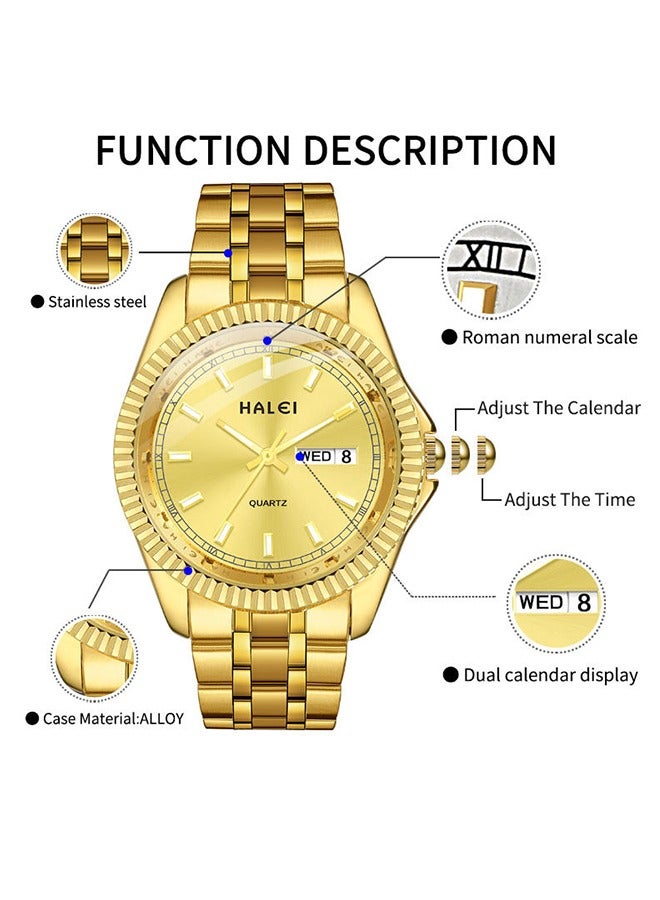 HALEI HALEI 2-Piece Luxury Couple Watches Golden Tone Stainless Steel Quartz Calendar Wristwatch Rhinestone His and Her Watch Set - Image 4