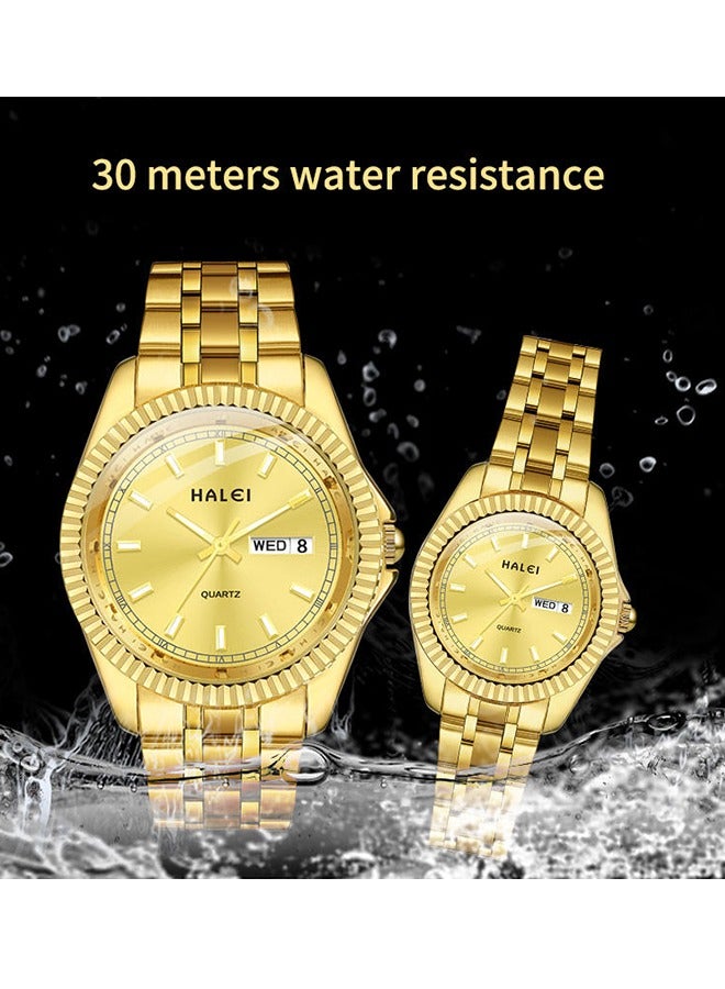 HALEI HALEI 2-Piece Luxury Couple Watches Golden Tone Stainless Steel Quartz Calendar Wristwatch Rhinestone His and Her Watch Set - Image 3