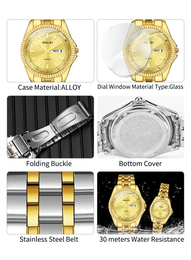 HALEI HALEI 2-Piece Luxury Couple Watches Golden Tone Stainless Steel Quartz Calendar Wristwatch Rhinestone His and Her Watch Set - Image 2