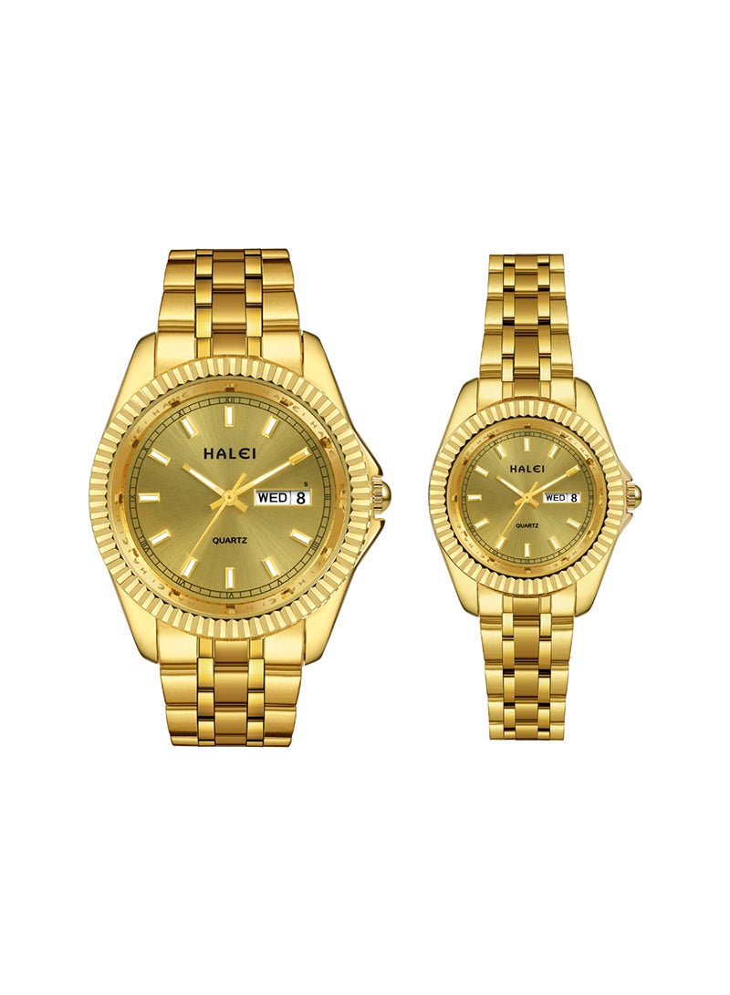 HALEI HALEI 2-Piece Luxury Couple Watches Golden Tone Stainless Steel Quartz Calendar Wristwatch Rhinestone His and Her Watch Set - Image 1