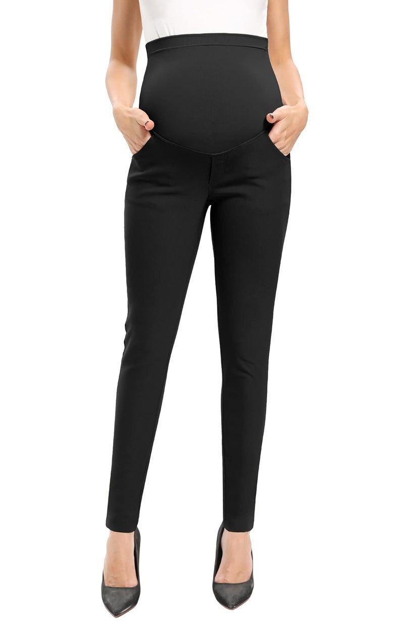 POSHGLAM Women's Maternity Pants Casual Work Pull-on Stretch Comfy Skinny Pregnancy Pants with Pockets(Black, Small) - Image 1