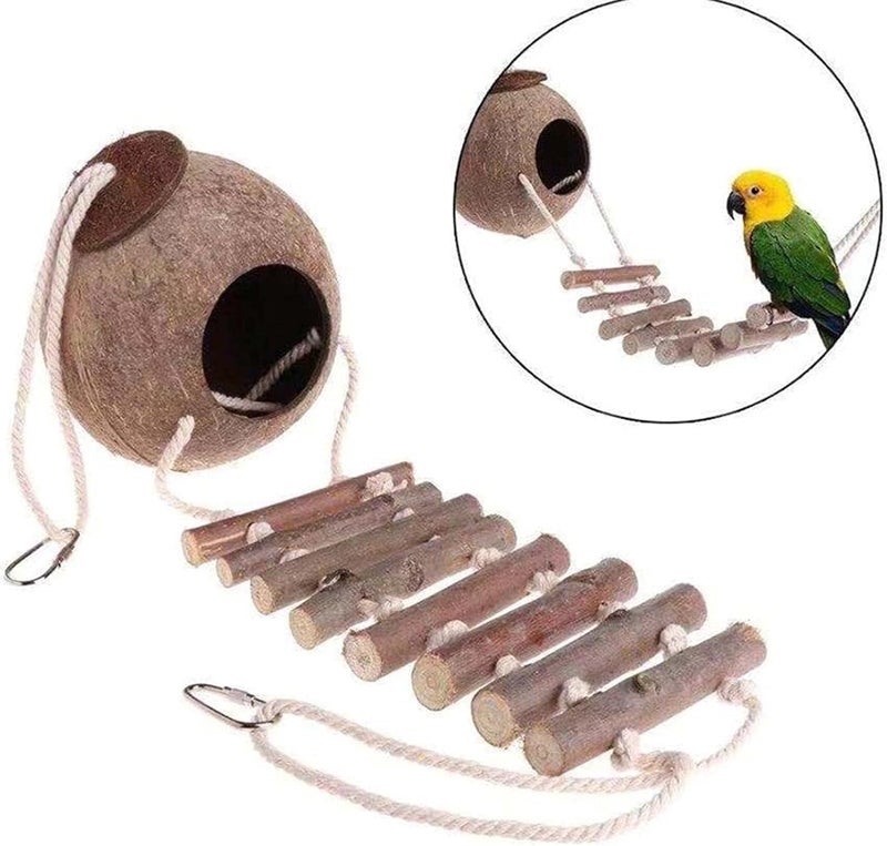 Excefore Natural Bird Nest with Ladder, Birds Nest of Natural Coconut Shell Feeder Parrot House, Exotic Coco Fiber Bird House for Budgie, Finch, Lovebird, Hamsters, and Small Squirrels Cage Hatching - Image 5