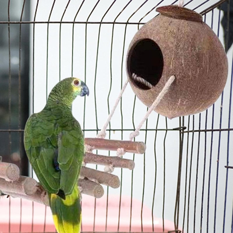 Excefore Natural Bird Nest with Ladder, Birds Nest of Natural Coconut Shell Feeder Parrot House, Exotic Coco Fiber Bird House for Budgie, Finch, Lovebird, Hamsters, and Small Squirrels Cage Hatching - Image 4