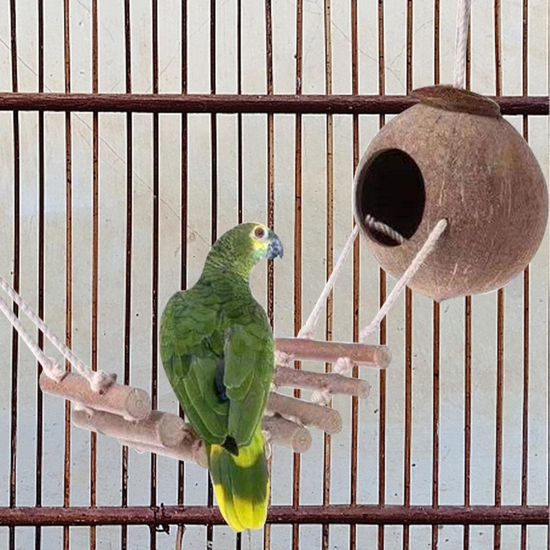 Excefore Natural Bird Nest with Ladder, Birds Nest of Natural Coconut Shell Feeder Parrot House, Exotic Coco Fiber Bird House for Budgie, Finch, Lovebird, Hamsters, and Small Squirrels Cage Hatching - Image 3