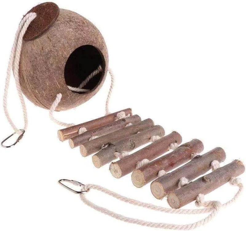 Excefore Natural Bird Nest with Ladder, Birds Nest of Natural Coconut Shell Feeder Parrot House, Exotic Coco Fiber Bird House for Budgie, Finch, Lovebird, Hamsters, and Small Squirrels Cage Hatching - Image 2
