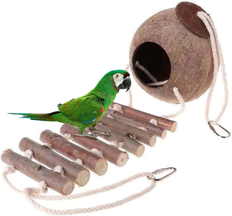 Excefore Natural Bird Nest with Ladder, Birds Nest of Natural Coconut Shell Feeder Parrot House, Exotic Coco Fiber Bird House for Budgie, Finch, Lovebird, Hamsters, and Small Squirrels Cage Hatching - Image 1