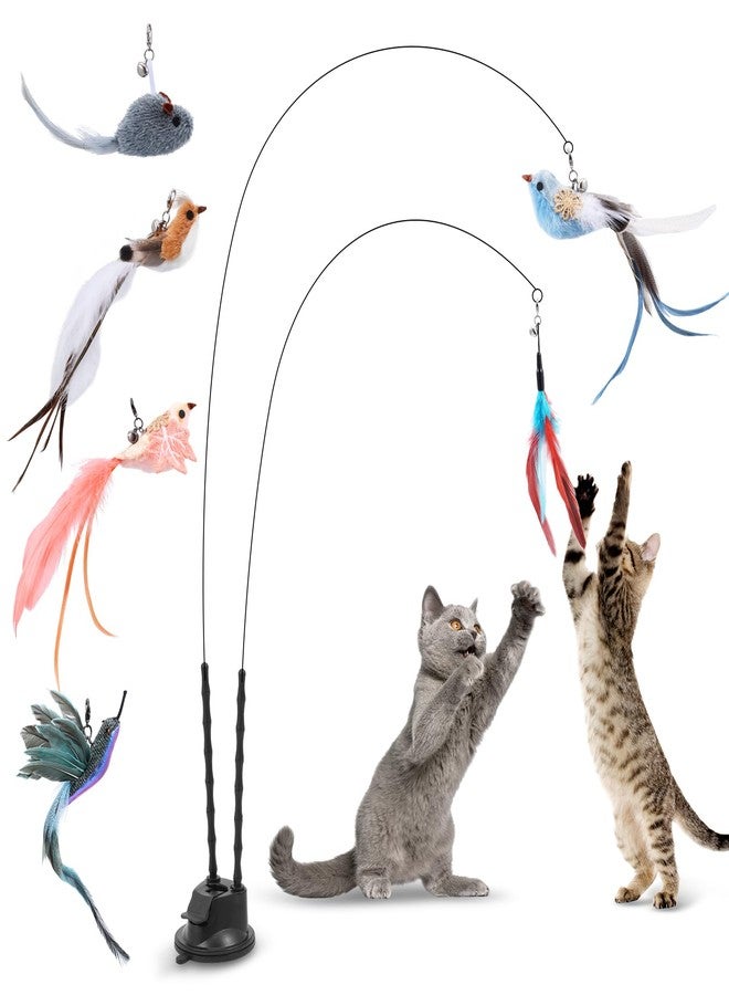 Ankilo Interactive Bird Simulation Cat Toy Set -2 Teaser Poles, 4 Replacement Birds, 1 Feather & 1 Mouse - Self-Stick Base for Realistic Hunting Fun - Image 1