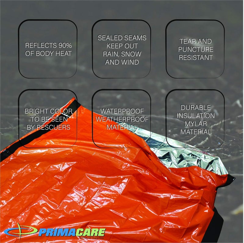 PRIMACARE CB-3684 حقيبة نوم طارئة للبقاء – بطانية/خيمة مايلار تستخدم في حالات الطوارئ، التخييم، المشي، الصيد، الماراثونات، في الهواء الطلق، ومثالية لمجموعات الإسعافات الأولية الطبية، للبالغين - Image 2