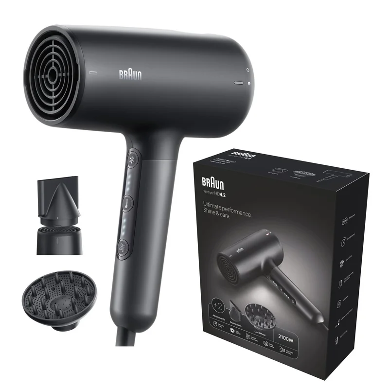 Braun Hairdryer HD4.2 Hair Dryer, HTDC motor, 2100 W, +2 Attachments, Electronic LED indicator, Large Diffuser & Nozzle, Super ionic Function, Electro Black - BRHD425SDE