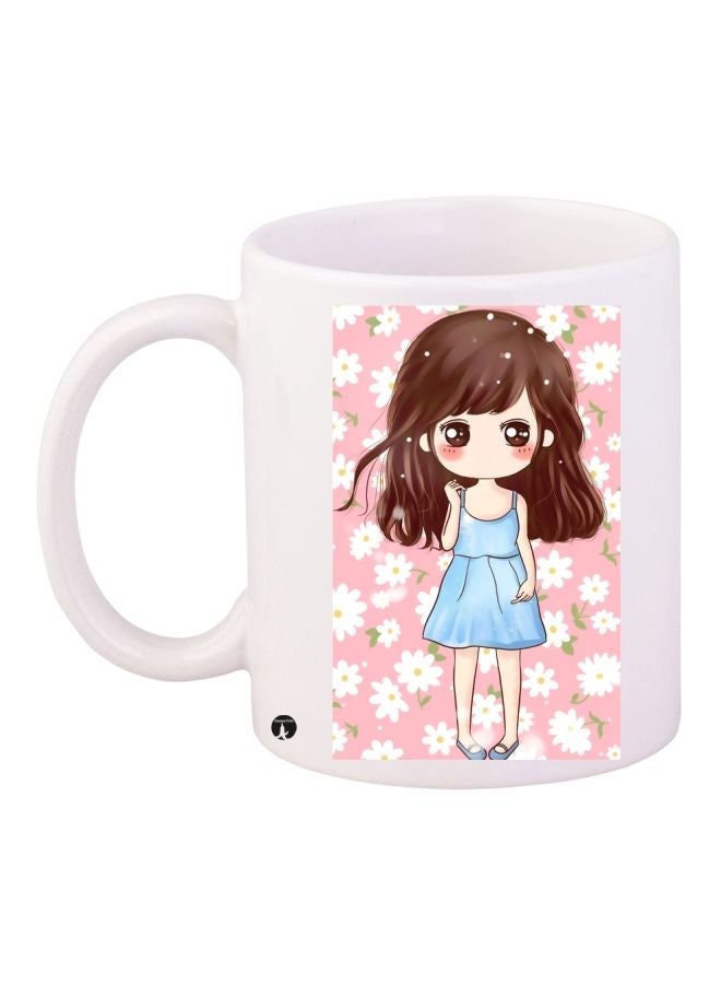 RYN Cartoon Girl Printed Coffee Mug White/Pink/Brown 11ounce