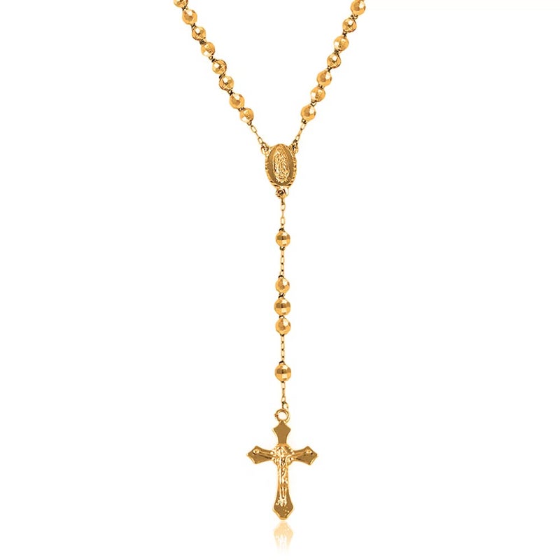 Savlano 14K Gold Plated Beaded Rosary Cross Necklace â€“ 6.5MM Crucifix Cross Medallion Rosary Chain Y-Necklace for Women & Men Religious Jewelry Comes in Gold, Gold-Rose-Silver with a Gift Box (Y) - Image 1