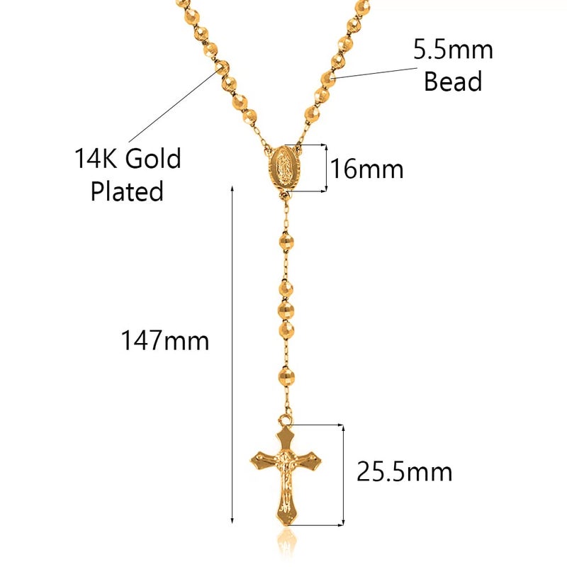Savlano 14K Gold Plated Beaded Rosary Cross Necklace â€“ 6.5MM Crucifix Cross Medallion Rosary Chain Y-Necklace for Women & Men Religious Jewelry Comes in Gold, Gold-Rose-Silver with a Gift Box (Y) - Image 2