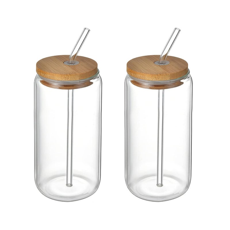 SMLJFO Glass with Bamboo Lids and Glass Tube 395 ml 2 pcs Tin Shaped Set for Ice Coffee Party Home Cocktail or Wine - Image 1