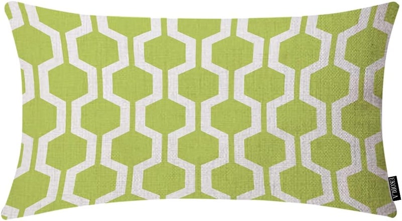 EKOBLA Hexagon Pattern Decorative Square Throw Pillow Covers Lime Green White Geometric Grid Polygon Farmhouse Rectangle Cushion Cover Pillowcases Cotton Linen Cushion Cover 12x20 Inches - Image 1