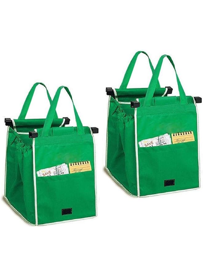 KASTWAVE Bag 2 Pcs Foldable Grocery Shopping Tote Bags With Handles Easy To Clean Clip On Shopping Cart (Green) - Image 1