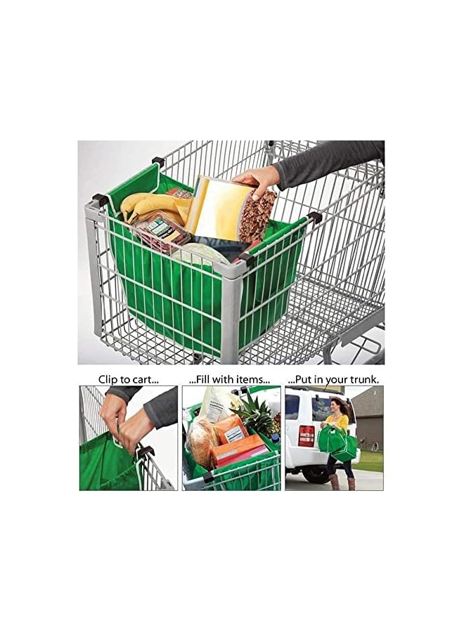 KASTWAVE Bag 2 Pcs Foldable Grocery Shopping Tote Bags With Handles Easy To Clean Clip On Shopping Cart (Green) - Image 2