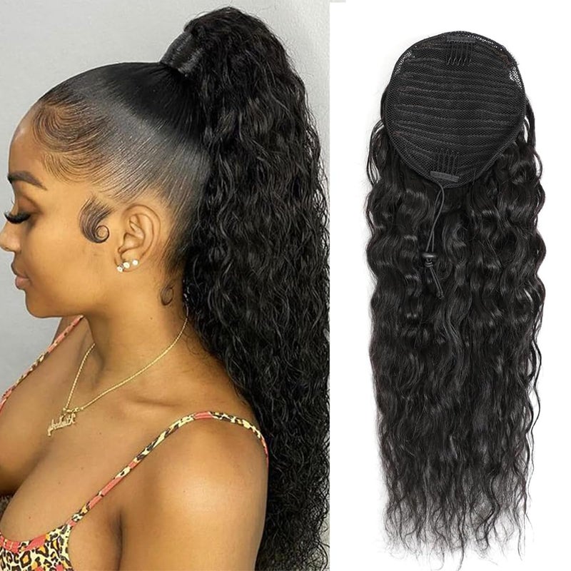 Feelgrace Water Wave Ponytail Extension for Black Women 3C Corn Wave Brazilian Hair Ponytail Hairpiece with Wrap Drawstring Natural Color 10A Human Hair Corn Wave Ponytails 12 Inch
