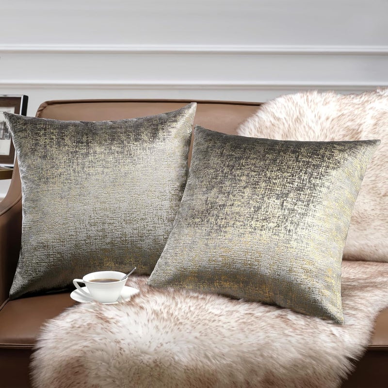 Phantoscope Pack of 2 Sparkling Velvet Geometric-Pattern Throw Decorative Pillow Cover Soft Gold Glitter Square Cushion Cover Pillowcase for Couch Bed and Chair, Grey, 18 x 18 inches, 45 x 45 cm - Image 1