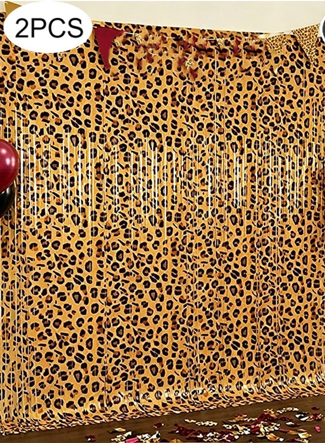 Happy D 2-piece Cheetah Print Birthday Decorations, Leopard Print Party Decorations, Jungle Safari Bachelorette Foil Backdrop 3.3 × 6.1 M Thickened Tassel Curtain, Suitable for Photo Booths and Party Entrances - Image 1