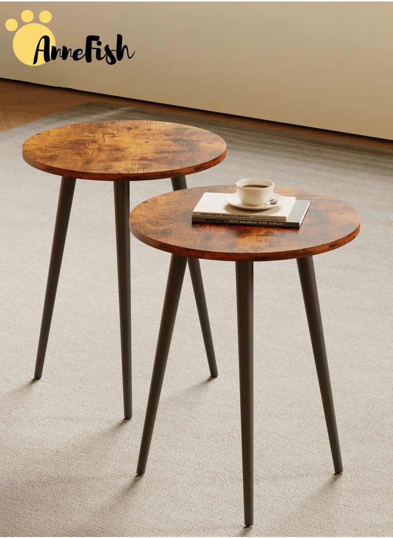 AnneFish - 2pcs Side Service Round Table Set of 2 Small End Tables Accent Table Round Coffee Table Wood Rustic Nightstand Bedside Table Outdoor Side Table Living Room Bedroom Balcony - Image 1