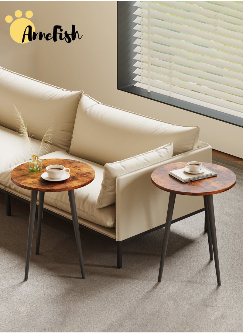 AnneFish - 2pcs Side Service Round Table Set of 2 Small End Tables Accent Table Round Coffee Table Wood Rustic Nightstand Bedside Table Outdoor Side Table Living Room Bedroom Balcony - Image 1