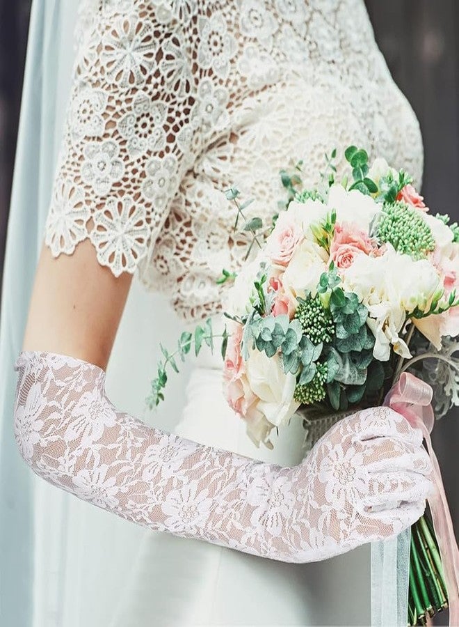 KETKAR Lace Gloves for Women Floral Opera Gloves Stretchy Elbow Length Party Costumes_White - Image 2