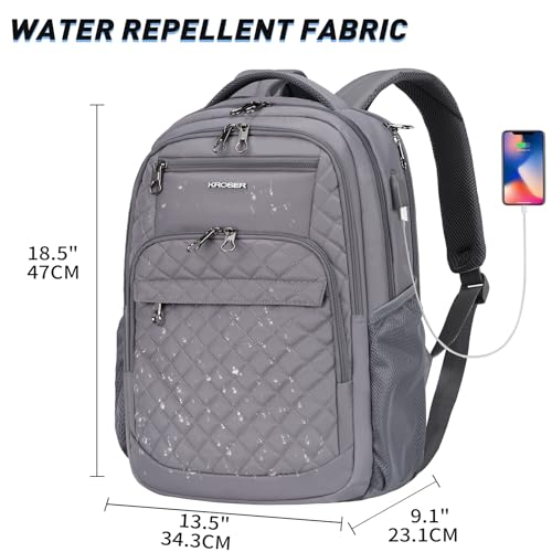 KROSER Travel Laptop Backpack 17 Inch Large Computer Backpack Water-Repellent Daypack with USB Charging Port & Headphone Interface RFID Pockets for Work/Business/College/Men/Women Dark grey(Quilted) - Image 5