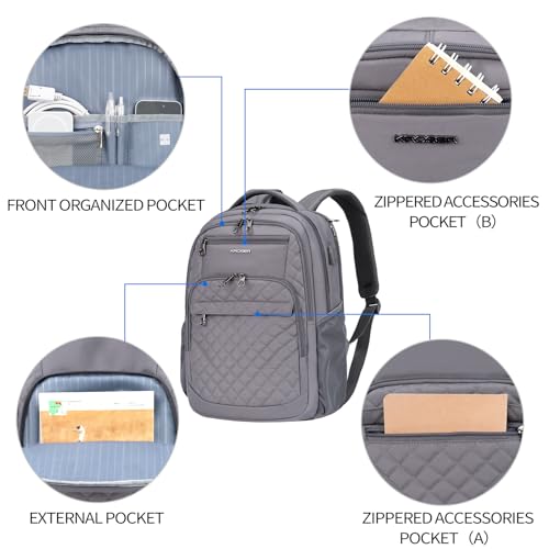 KROSER Travel Laptop Backpack 17 Inch Large Computer Backpack Water-Repellent Daypack with USB Charging Port & Headphone Interface RFID Pockets for Work/Business/College/Men/Women Dark grey(Quilted) - Image 2