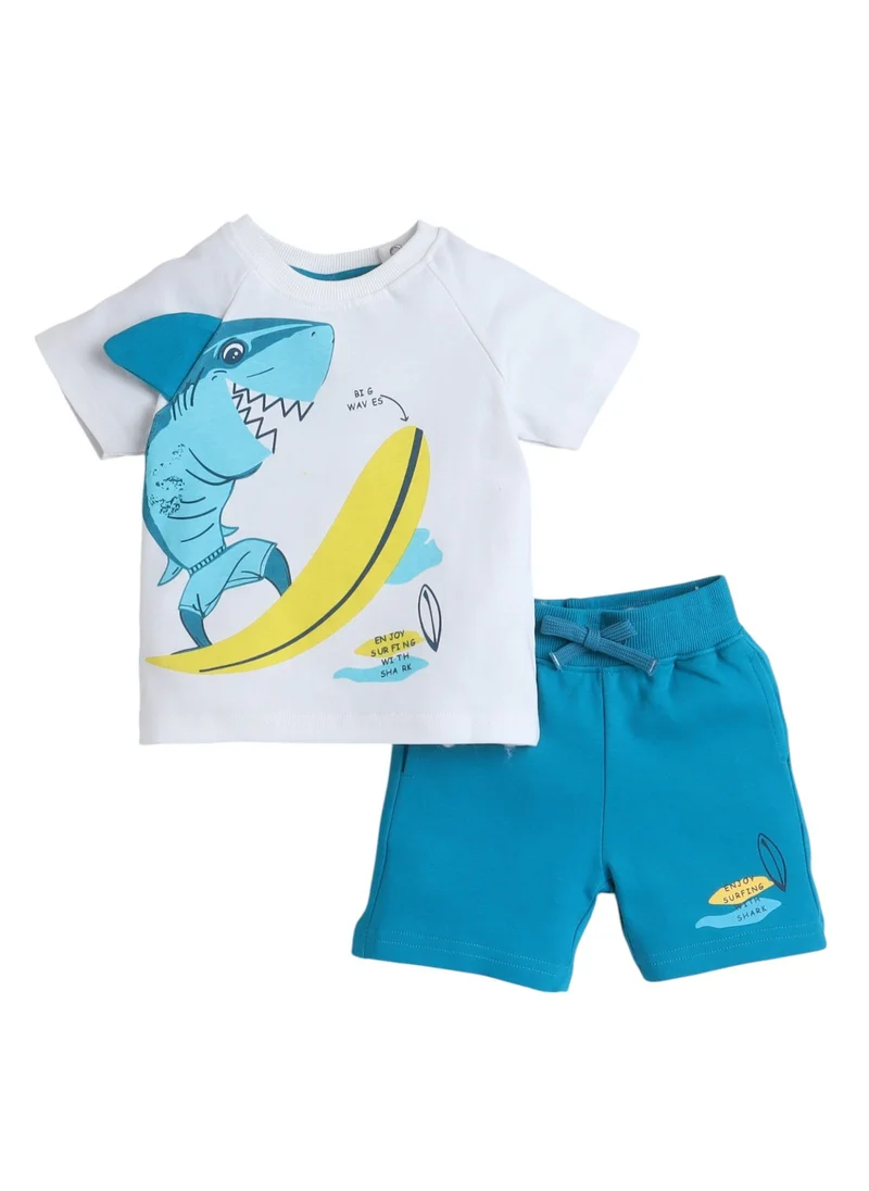 victor and jane Victor and Jane Boys' Shark Surfing Off White and Blue T-Shirt and Shorts Set