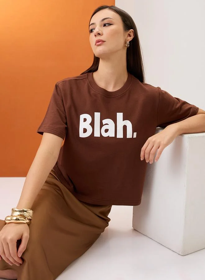 globus Globus Brown Slogan Print Boxy Crop T-Shirt