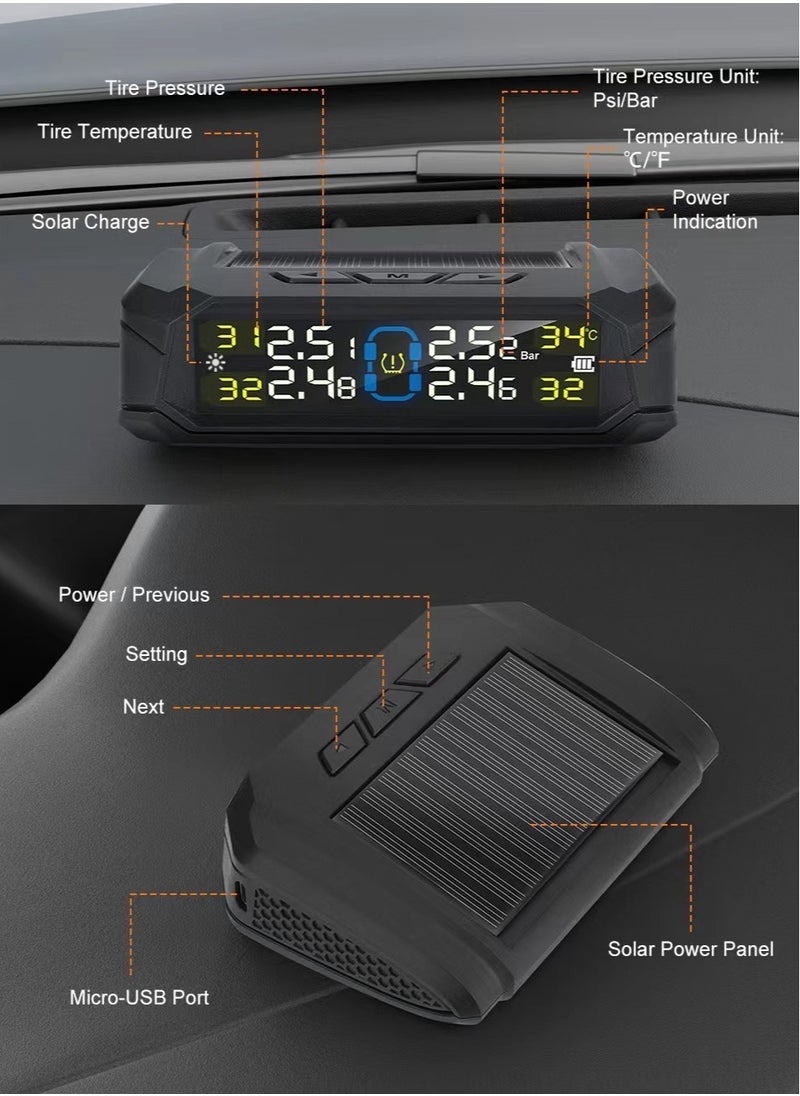 Tire Pressure Monitoring System, Wireless TPMS Tire Pressure Monitor System with Solar Charger, TPMS with 4 tire Pressure Sensors & 6 Alarm Modes(0-87 PSI)